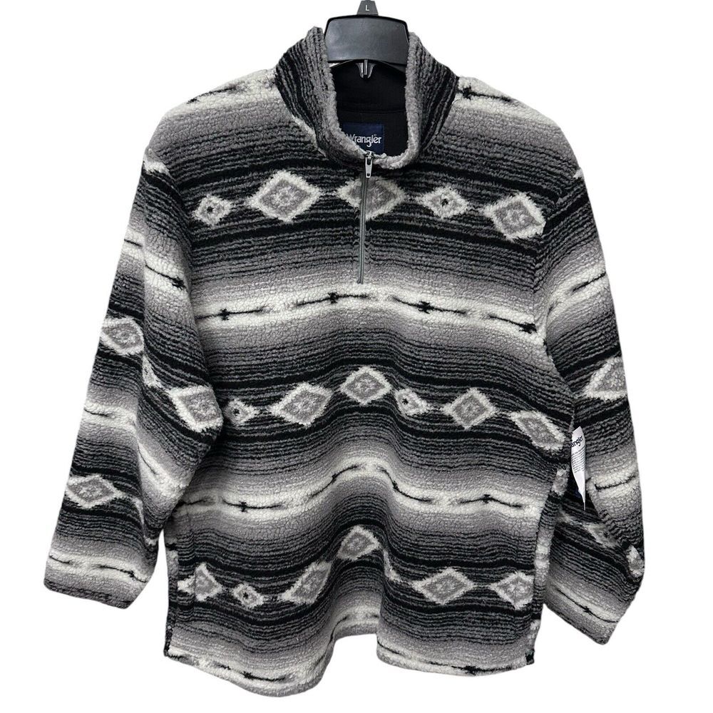 Wrangler Mens 1/4 Zip‎ Aztec Fleece Pullover Size Pockets XL Black White NWT